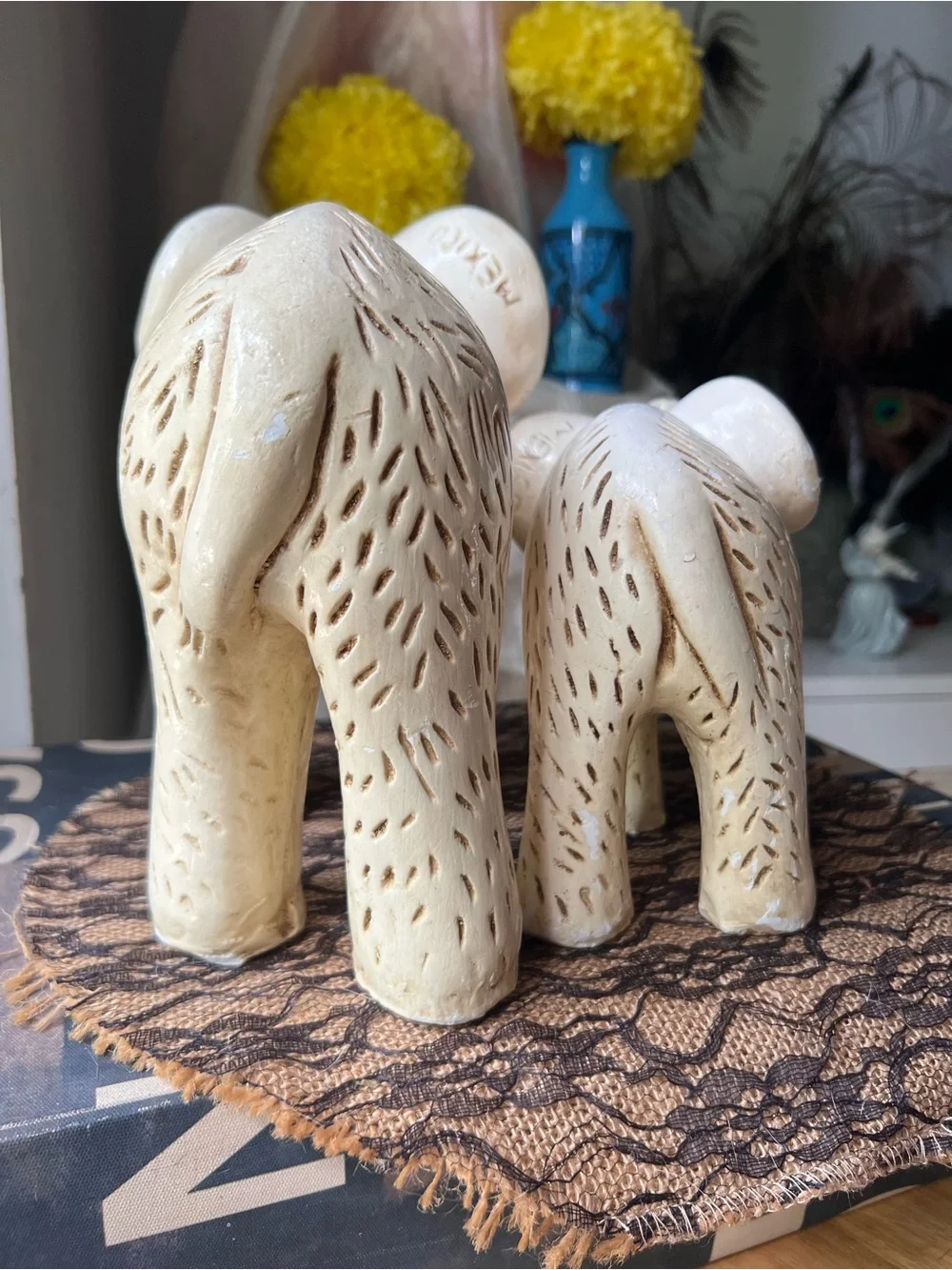 Rustic Boho Talavera Pottery Elephant & Babe Statuettes GUC
